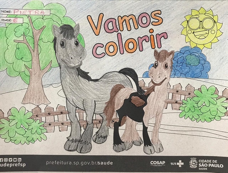 #PraCegoVer: A imagem contém a fotografia de um desenho colorido, com dois cavalos. O desenho está colorido com as cores verde, laranja, rosa, azul, amarelo, preto e marrom.
